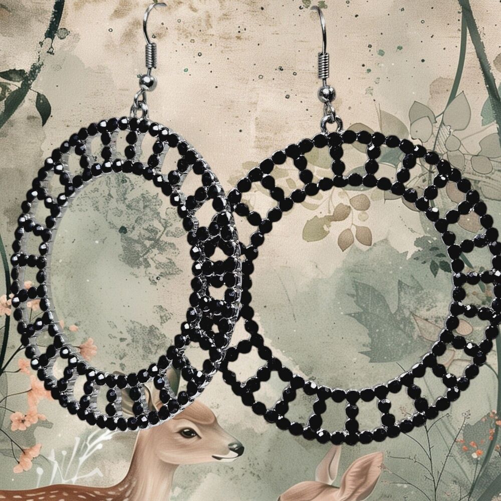 Black Rhinestone Dangle Fashion Earrings Pierced Classic Wheel Geometric Retro - Picture 10 of 12